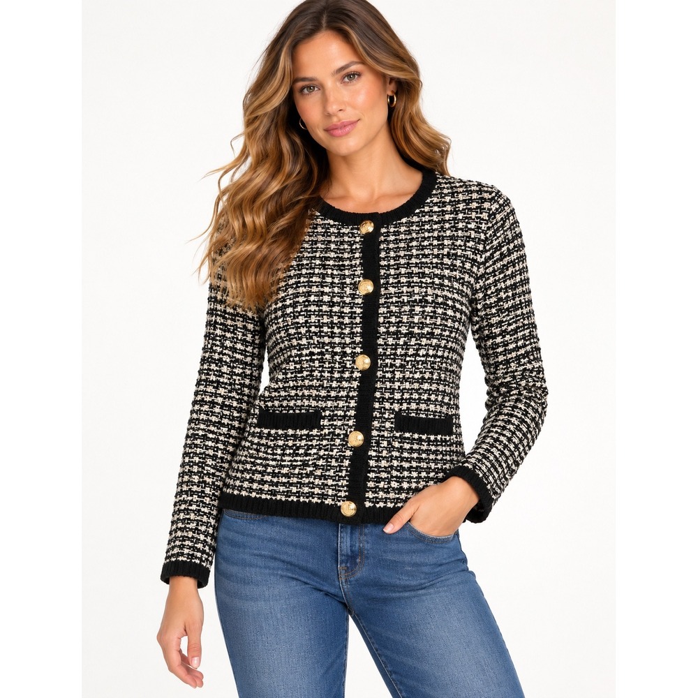 Talbots Petite Black Ivory Metallic Knit Cardigan Gold Crest Button Sweater P